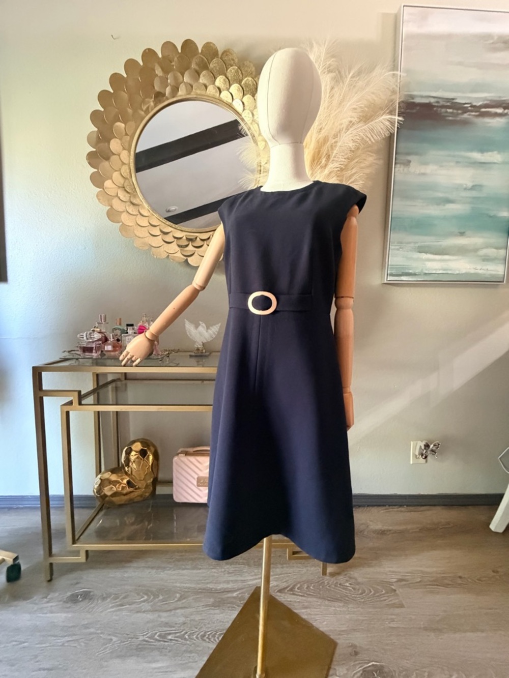 Talbots Navy Midi Dress with Gold Buckle Accent
